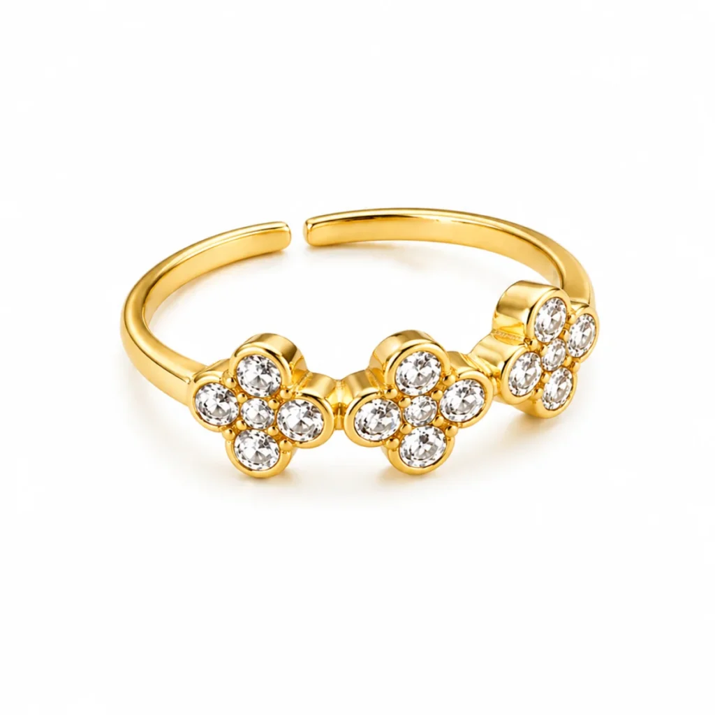 Bague 3 Fleurs Strass Dorée