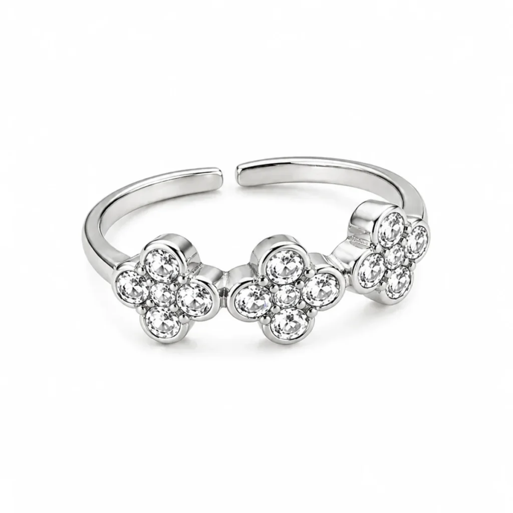 Bague 3 Fleurs Strass Argentée