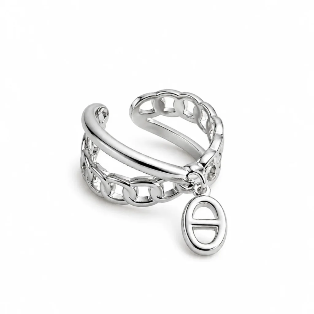 Bague Double Anneau Chaîne Curb Charm Argenté