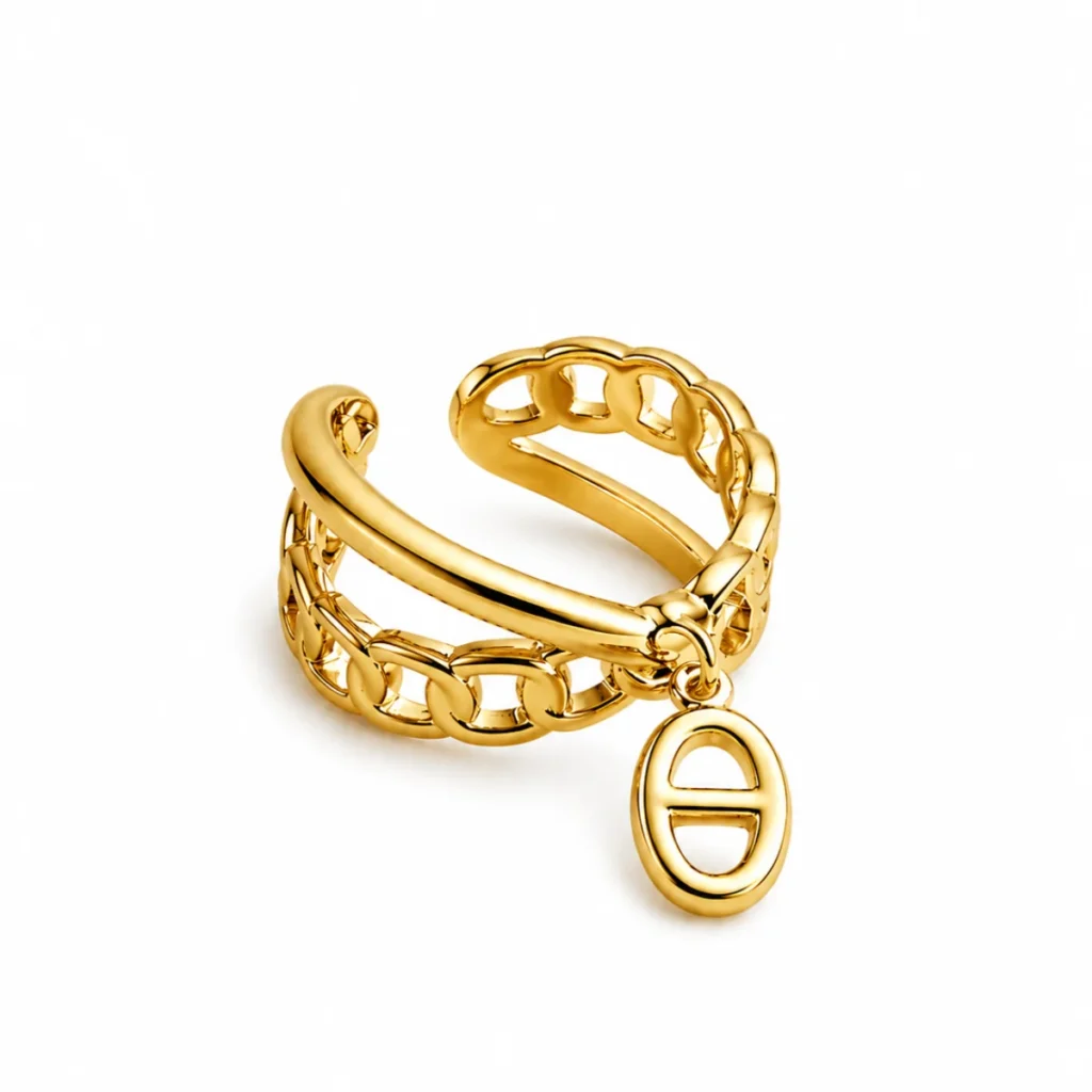 Bague Double Anneau Chaîne Curb Charm dorée