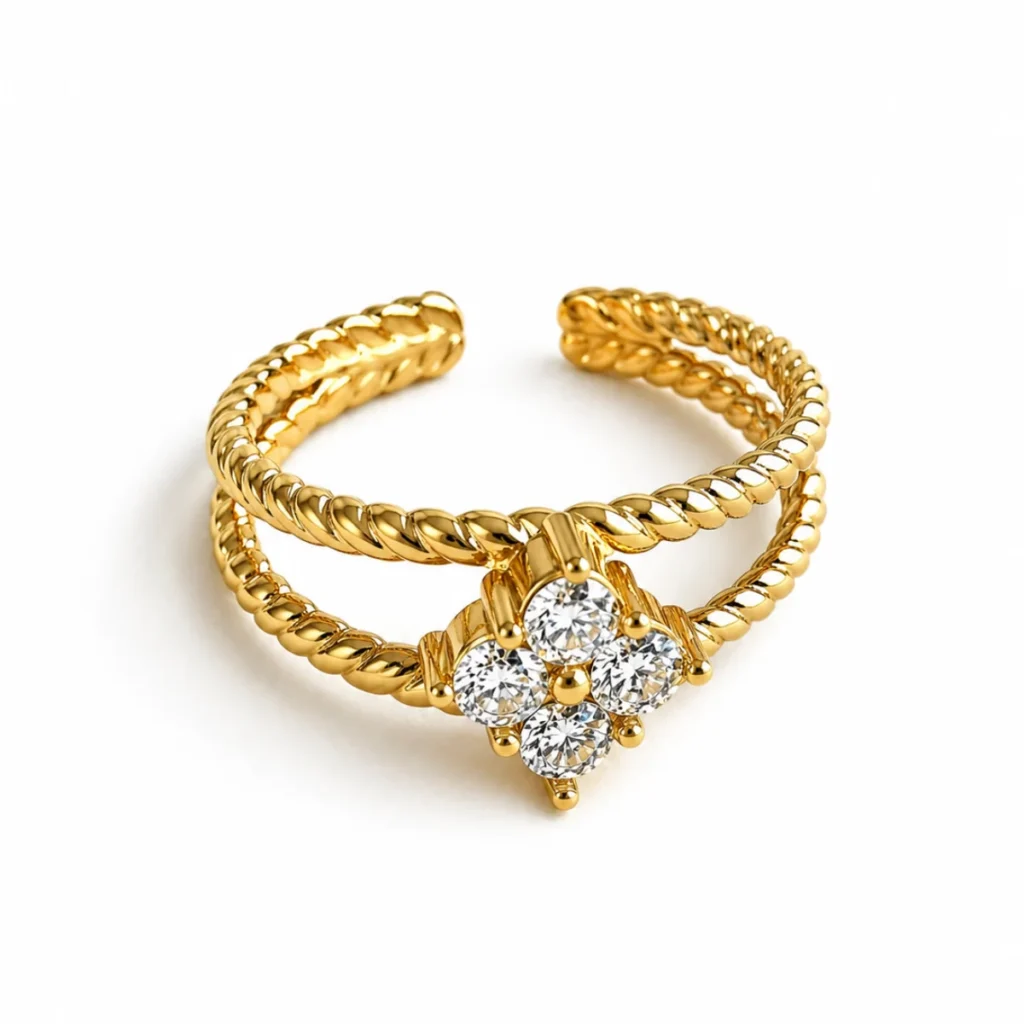 Bague Double Torsade Trèfle Strass Dorée