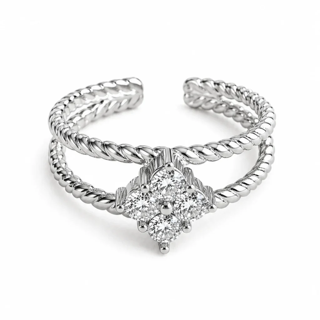 Bague Double Torsade Trèfle Strass Argentée