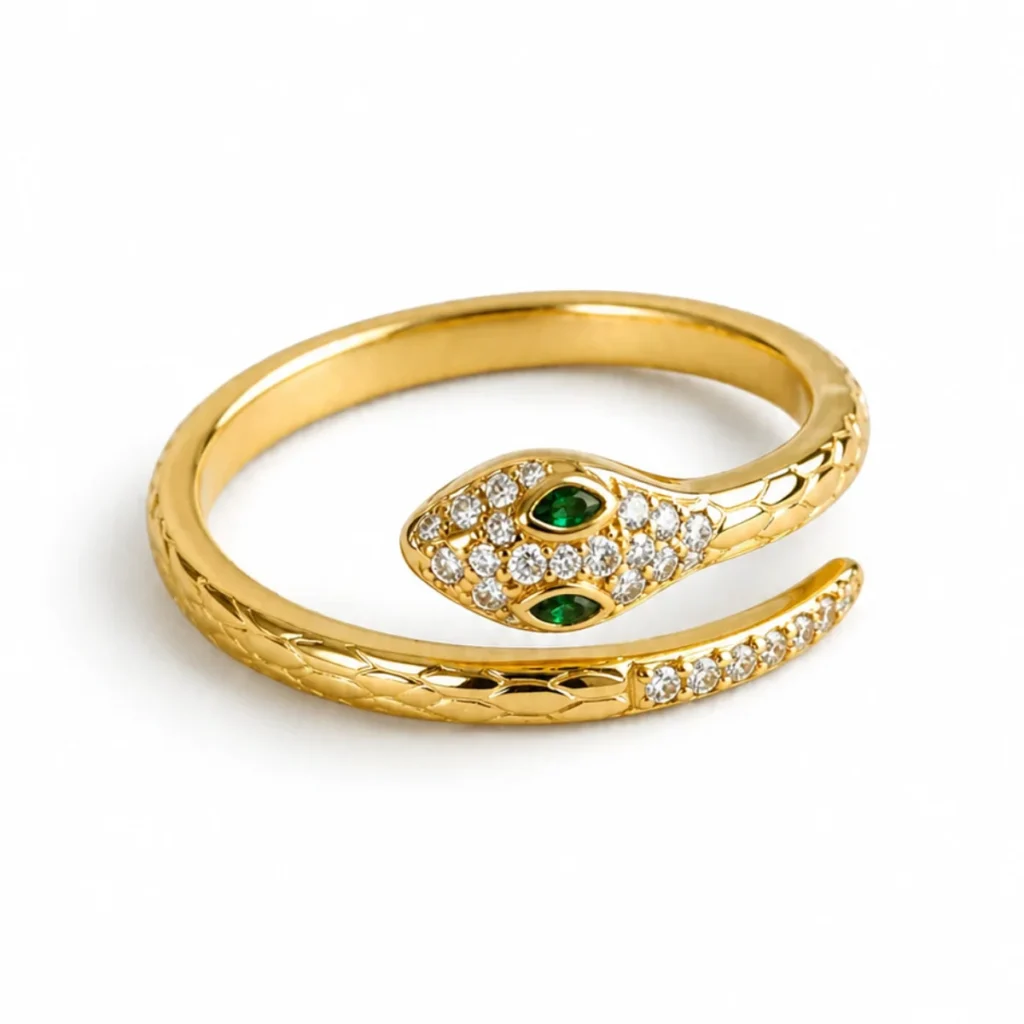 Bague Serpent Strass Yeux Émeraude Dorée