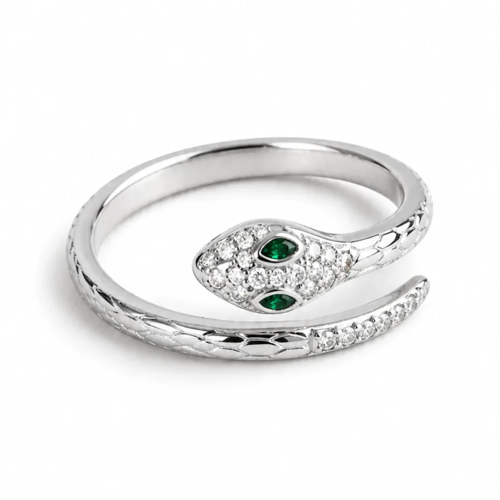 Bague Serpent Strass Yeux Émeraude argentée