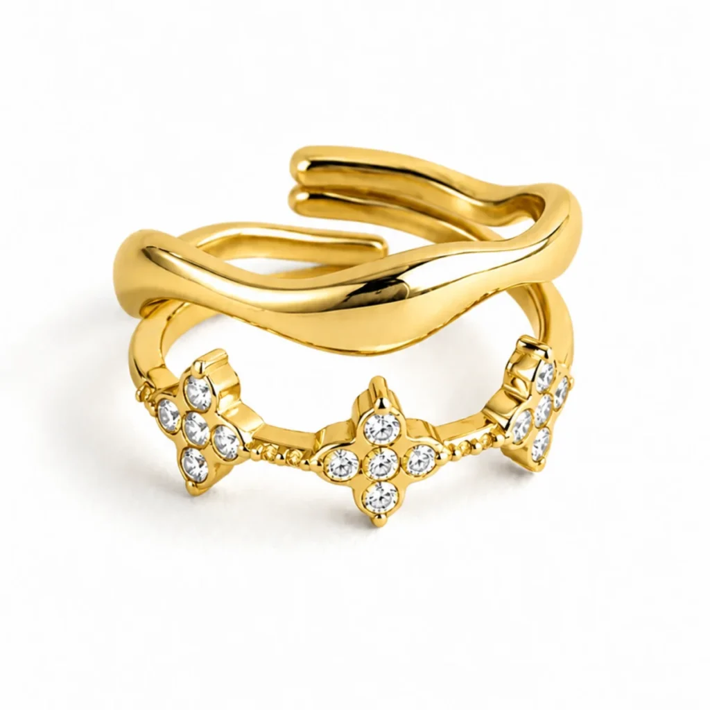 Bague Double Anneau Vague Fleurs Strass dorée