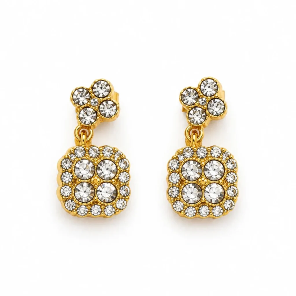 Boucles d'Oreilles Pendantes Fleur Strass Carrée Dorée
