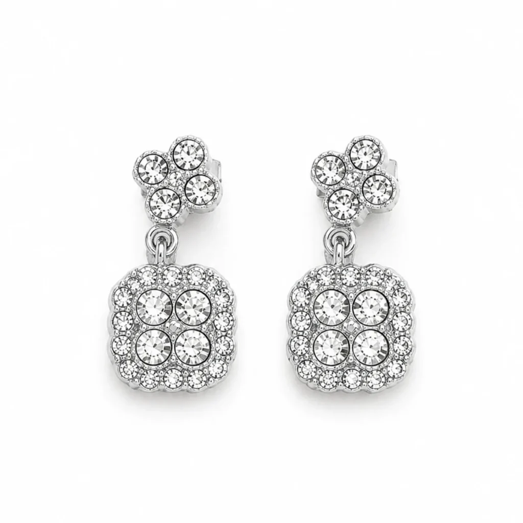 Boucles d'Oreilles Pendantes Fleur Strass Carrée Argentée