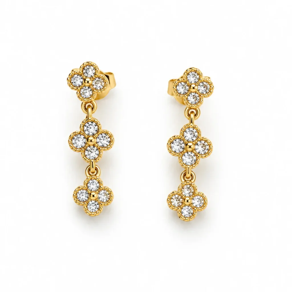 Boucles d'Oreilles Pendantes Triple Trèfle Strass Dorée