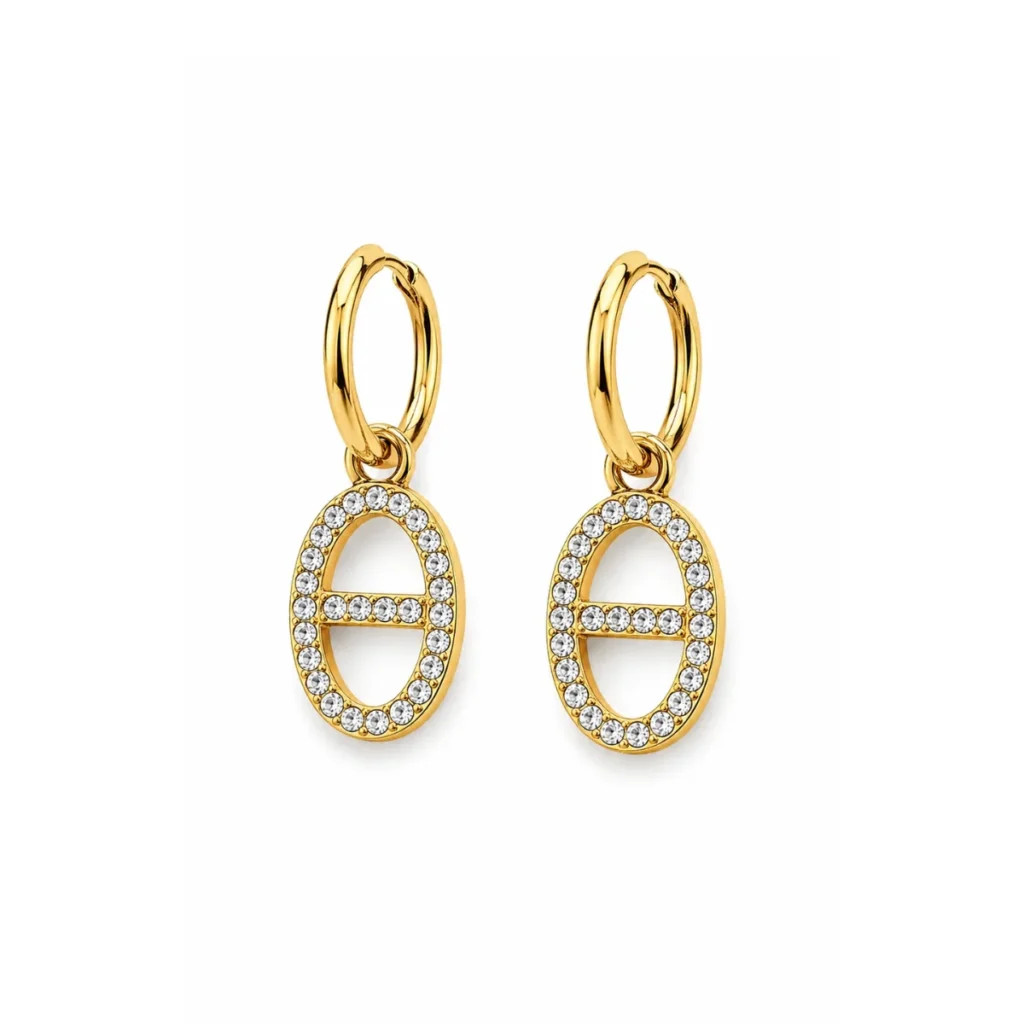Boucles d'oreilles créoles charm ancre marine strass dorées