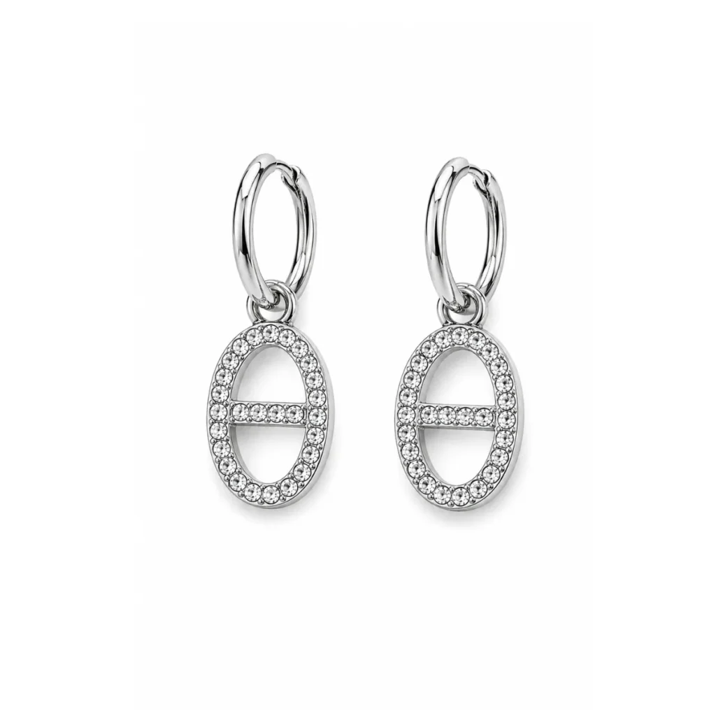 Boucles d'oreilles créoles charm ancre marine strass argentées