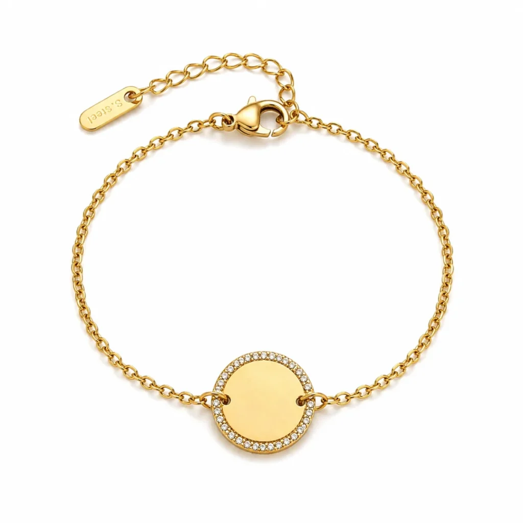 Chaîne Fine & Pastille Strass à Graver – Doré