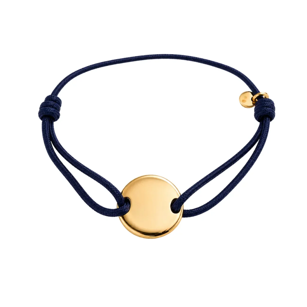 Bracelet Cordon Bleu Marine & Médaillon Doré à Graver