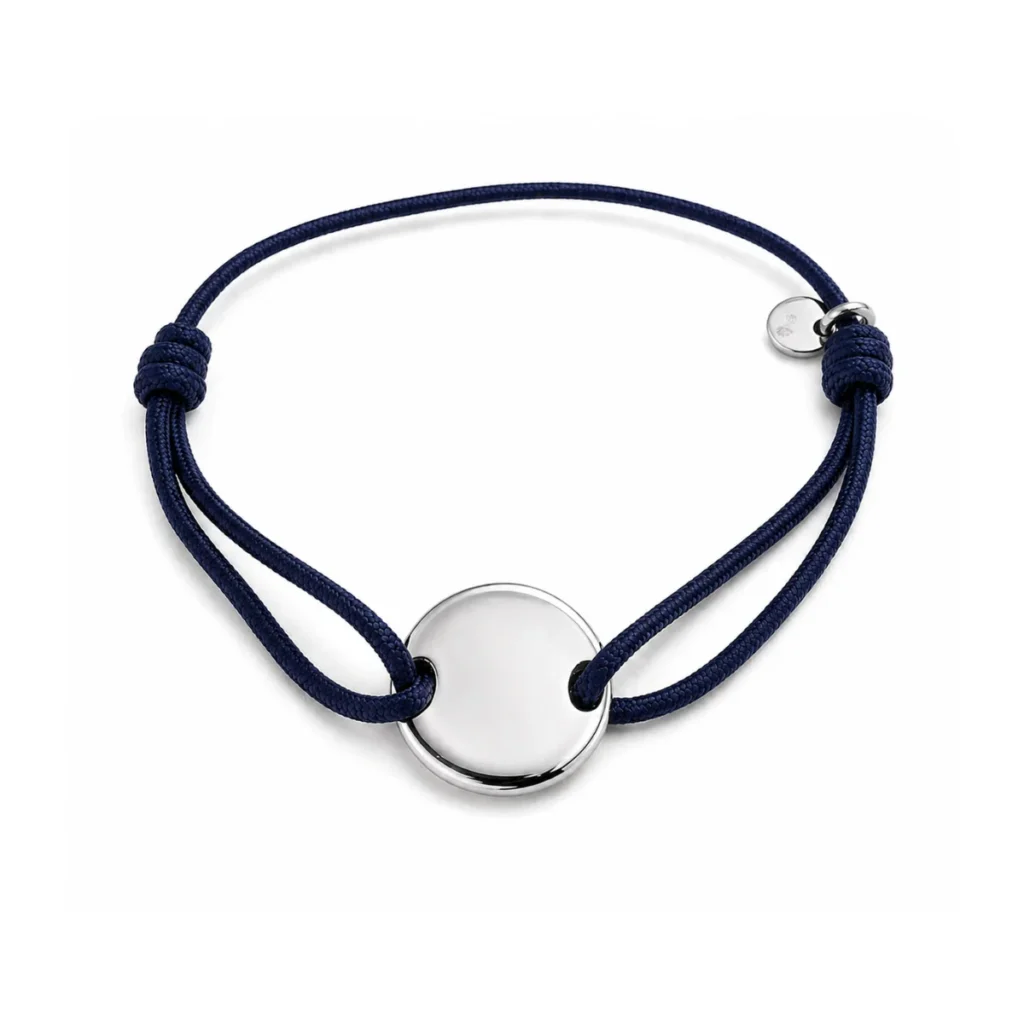 Bracelet Cordon Bleu Marine & Médaillon Argenté à Graver