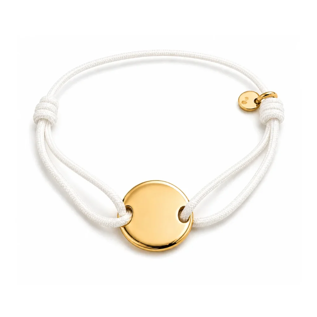 Bracelet Cordon Blanc & Médaillon Doré à Graver