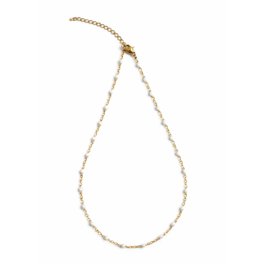 Collier Chapelet Billes Blanches Doré