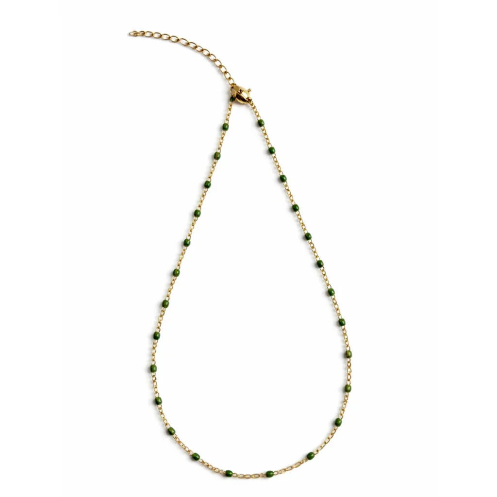 Collier Chapelet Billes Vert Kaki Doré