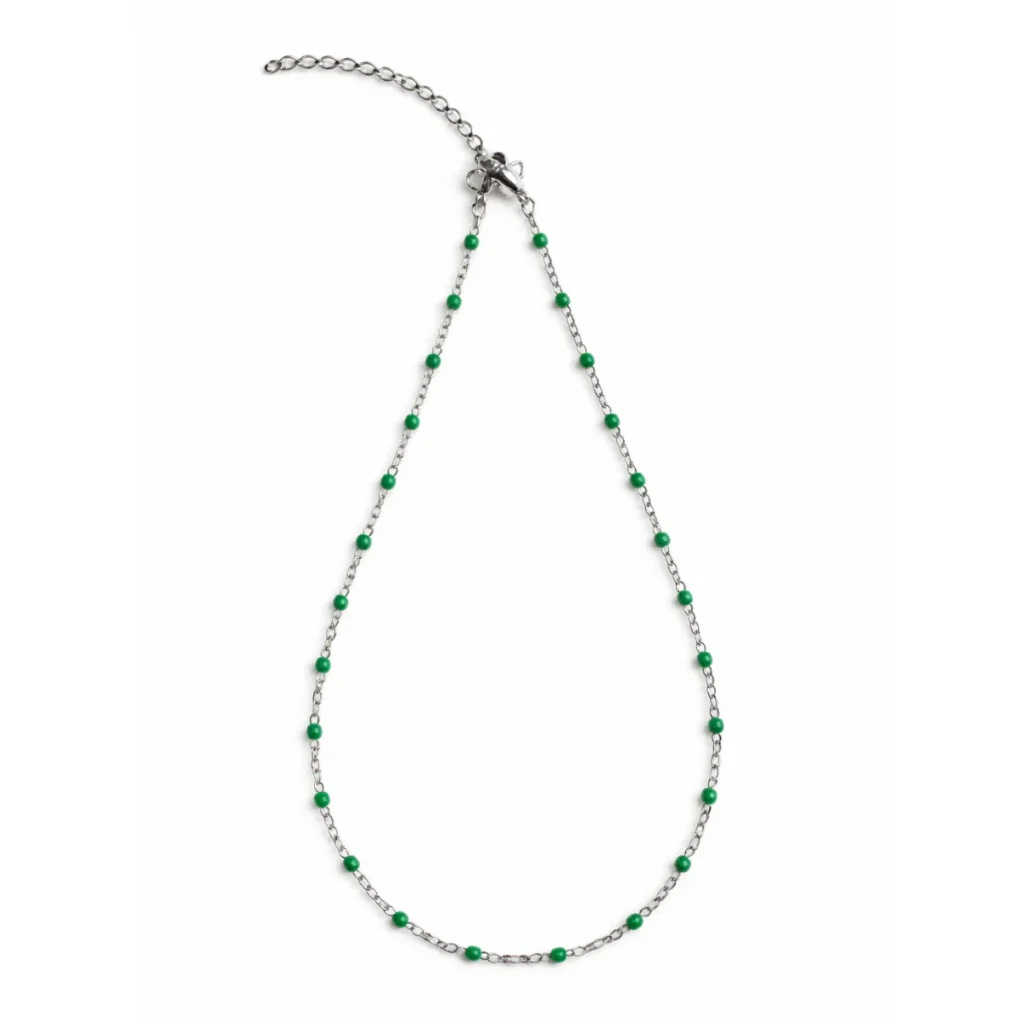 Collier Chapelet Billes Vert Vif Argenté