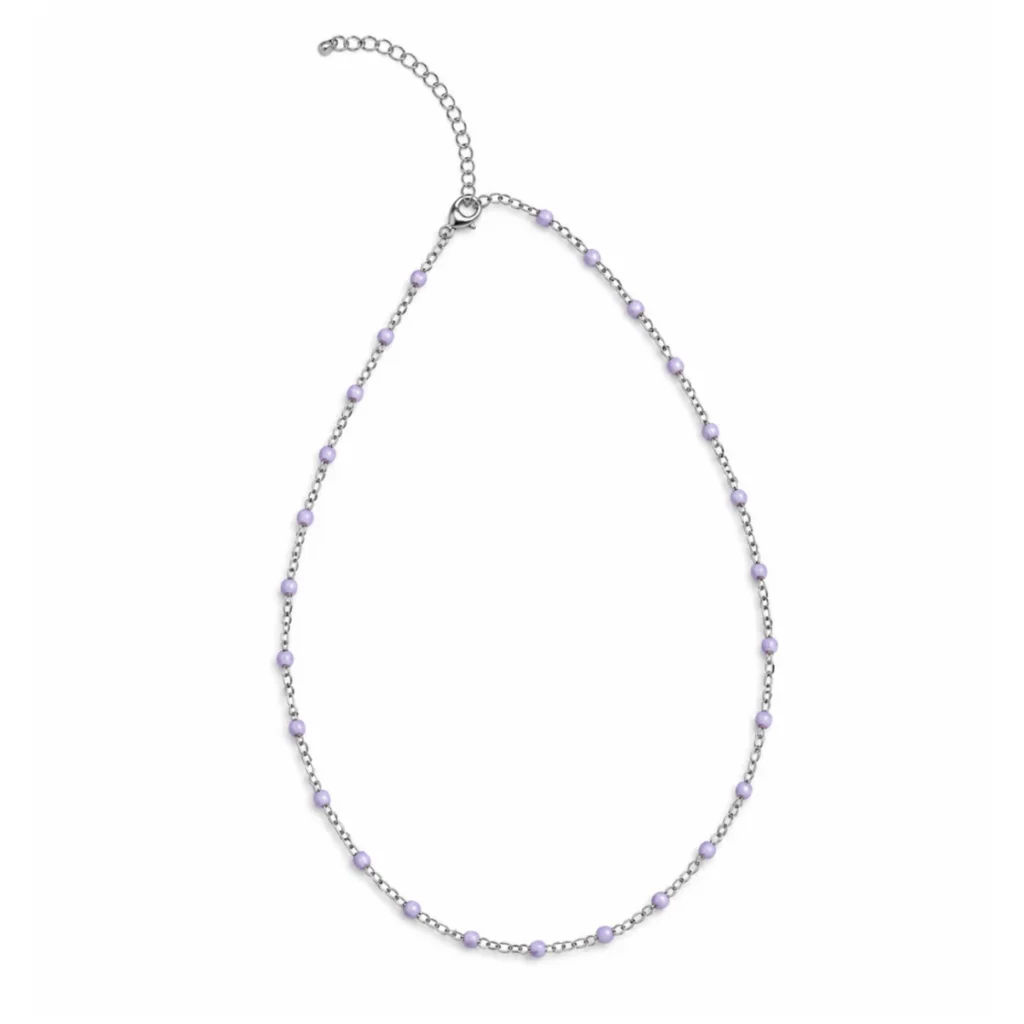 Collier Chapelet Billes Lavande Argenté