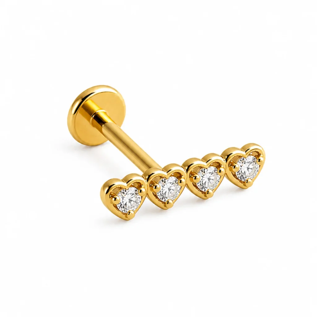 Piercing Labret 4 Cœurs Strass Doré