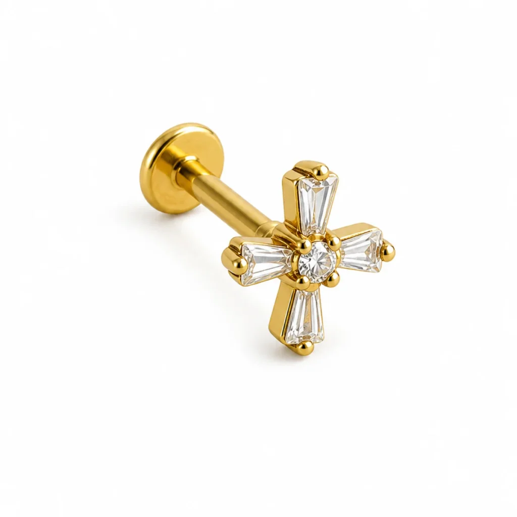 Piercing Labret Croix Strass Baguette Doré