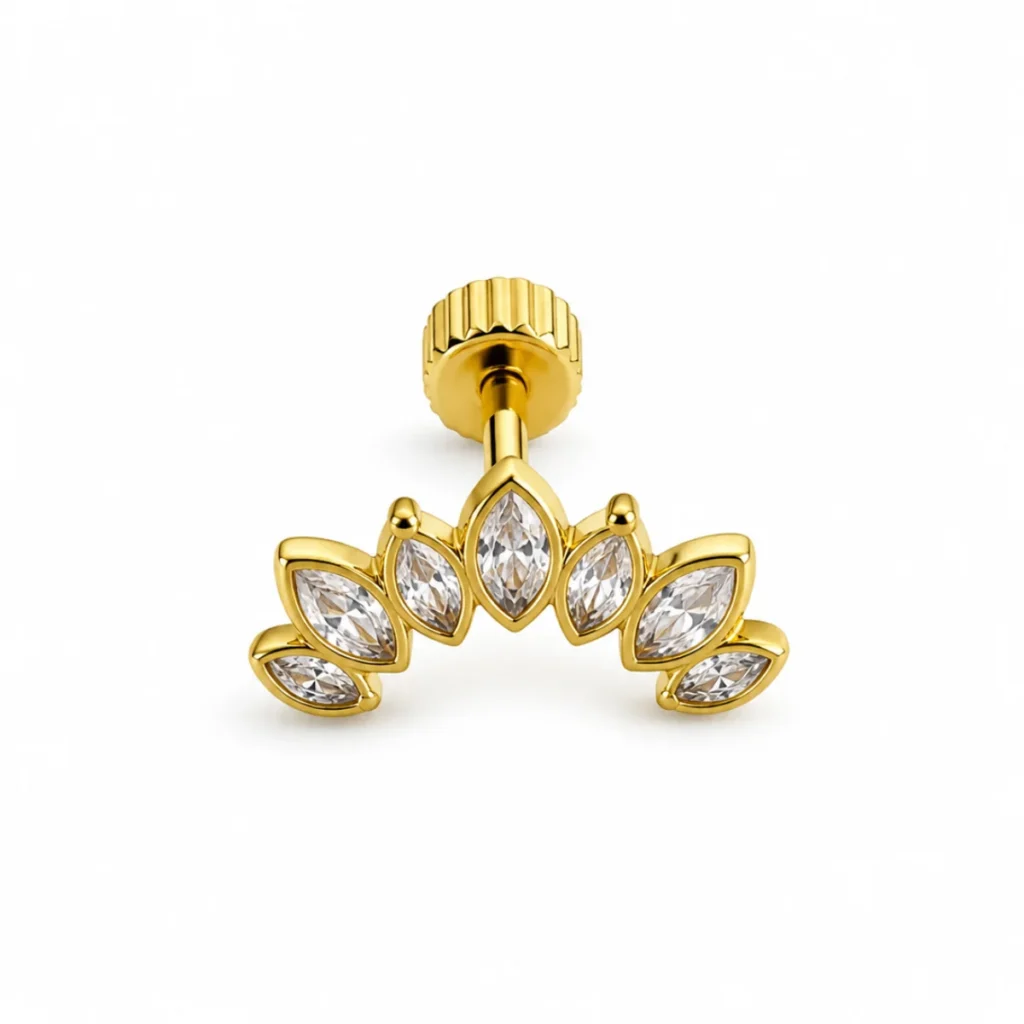 Piercing Labret Couronne Feuilles Strass Doré