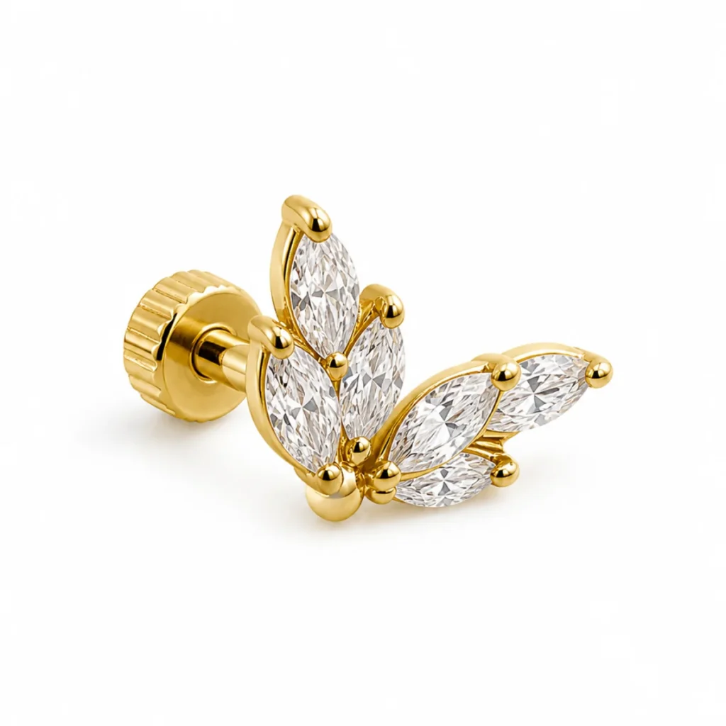 Piercing Labret Feuilles Marquise Strass Doré