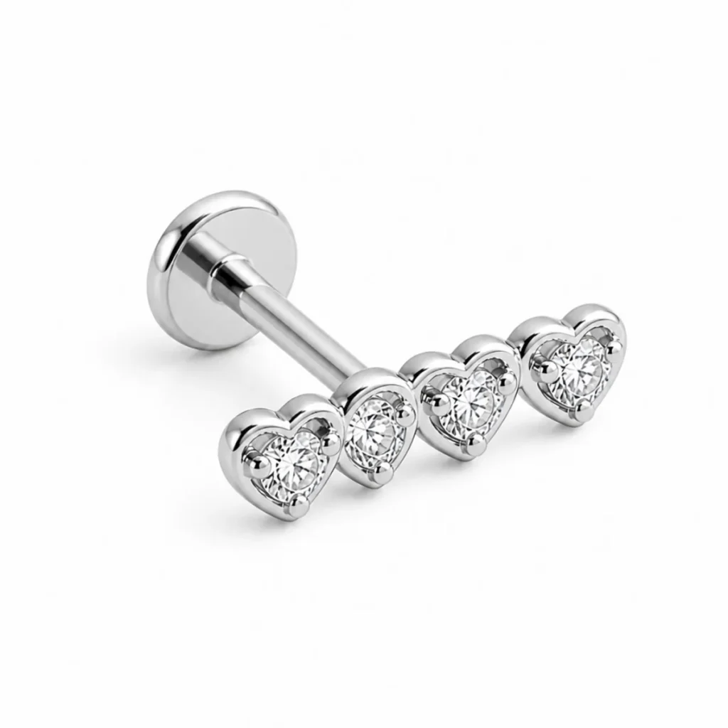 Piercing Labret 4 Cœurs Strass Argenté